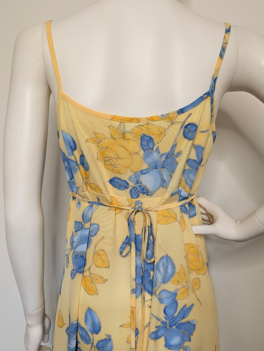 Y2K Yellow & Blue Floral Spaghetti Strap Empire Waist Semi Sheer Maxi Dress - Picture 9 of 13